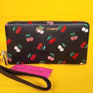 Betsey Johnson Black Pink Red Cherry Embroidered Wallet Wristlet Zip Around NEW
